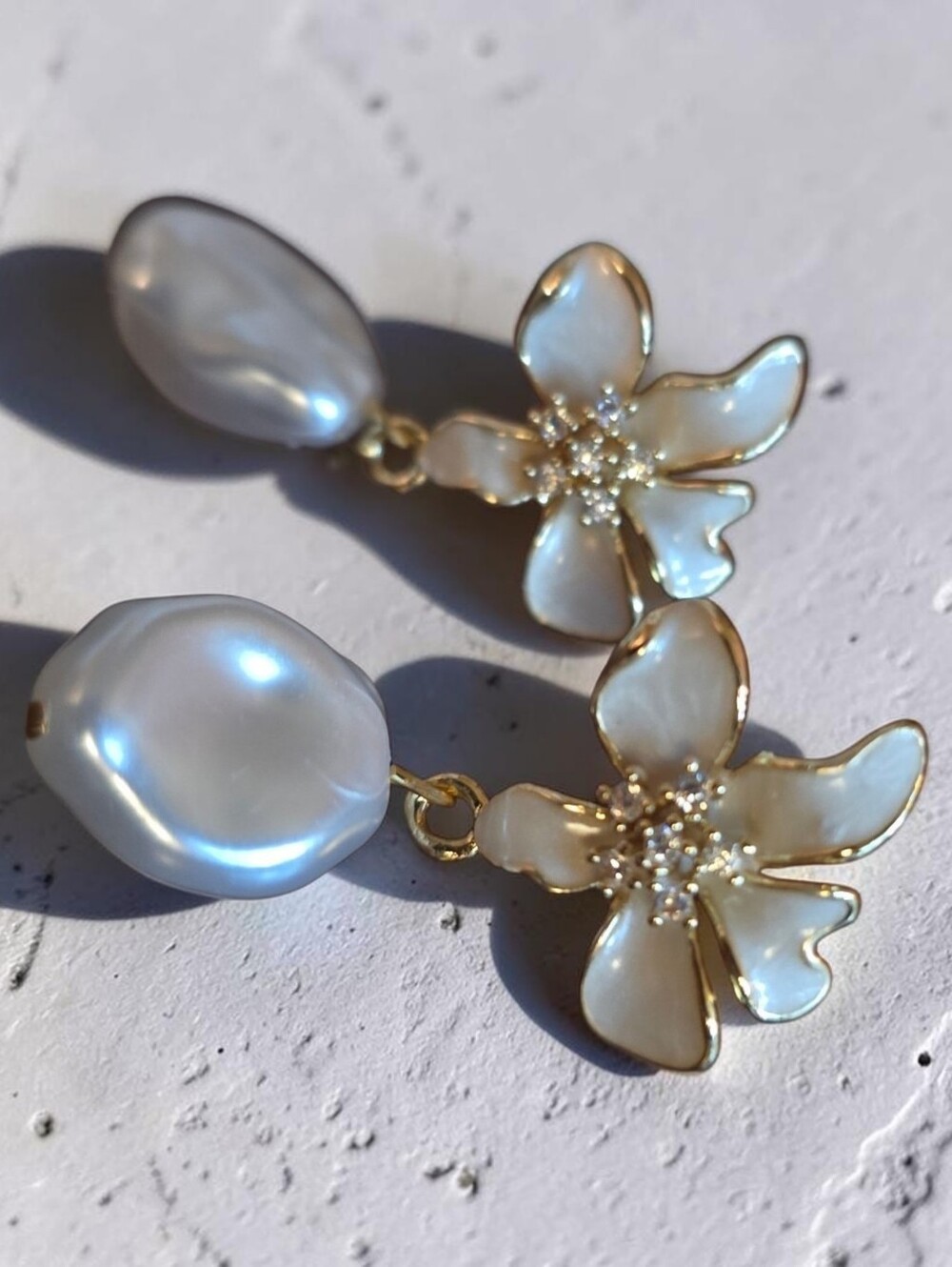 White Enamel Flower And Pearl Dangle Post Earrings Gold Plated & Crystal Accents